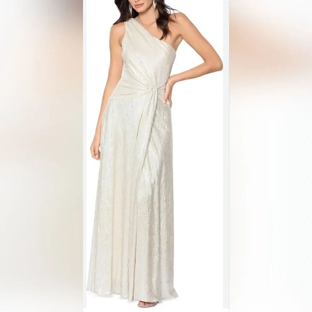 Betsy & Adam One-Shoulder Gold Metallic Crinkle Gown NWT Size 10